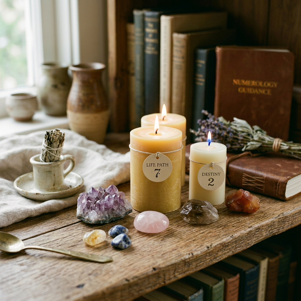 Spiritual altar with candles and crystals Candles labeled Life Path 7 and Destiny 2 surrounded by crystals on a wooden table